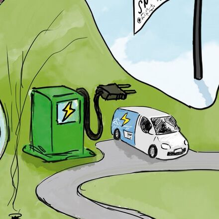 Cartoon Nachhaltigkeit-E-Tankstelle im Skigebiet Arosa Lenzerheide